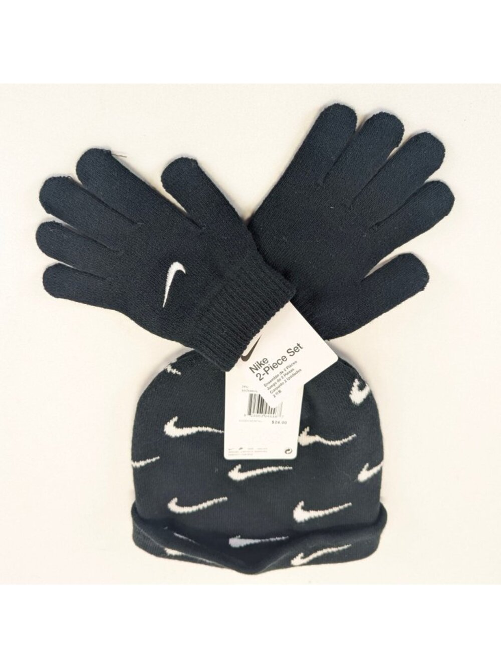 Nike Soft Stretch Folded Unisex Beanie Hat Gloves 2 Piece Kids 8 20 Black Swoosh - Picture 6 of 6